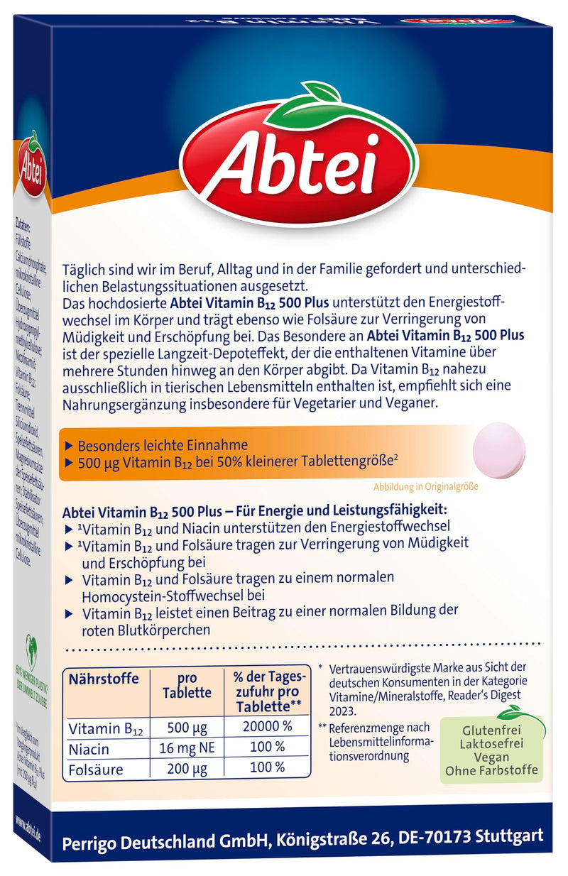 Abbey Vitamin B12 plus folic acid - for energy and performance - high dose with 500µg vitamin B12 and 200µg folic acid, 1 x 30 tablets - NewNest Australia