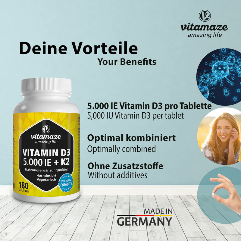 High-dose vitamin D3 K2, 180 tablets, 5000 IU vitamin D3 + 100 mcg vitamin K2 depot, without unnecessary additives, high bioavailability, made in Germany - NewNest Australia