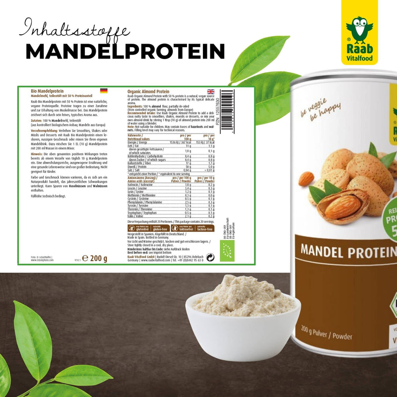 Raab Vitalfood Organic Almond Protein with Natural Calcium, Partially Oiled, Vegan, Gluten-Free, Protein Shake; Almond Flour, Almond Drink 50% Protein, 200g - NewNest Australia
