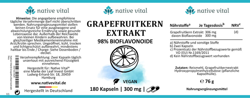 Grapefruit seed extract - IMPORTANT: 98% (300mg) bioflavonoids per daily dose - 180 capsules - Made in Germany - Vegan - Premium quality - NewNest Australia