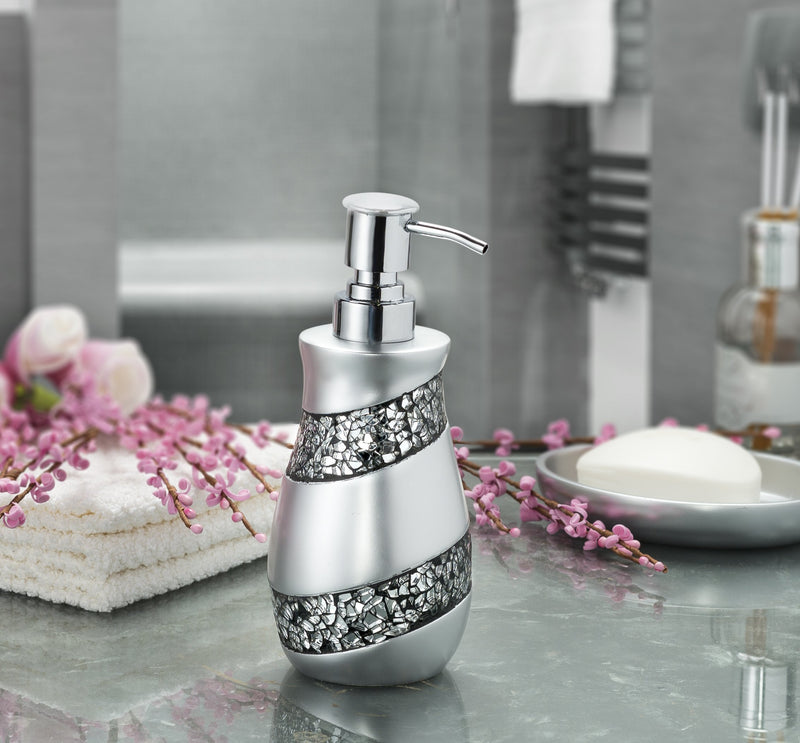 DWELLZA Silver Mosaic Hand Soap Dispenser (3" x 3" x 7.5") - Countertop Hand Lotion Pump - Durable Metal Mechanism - Contemporary Modern Design - Shower Dispensers (Silver Gray) - NewNest Australia