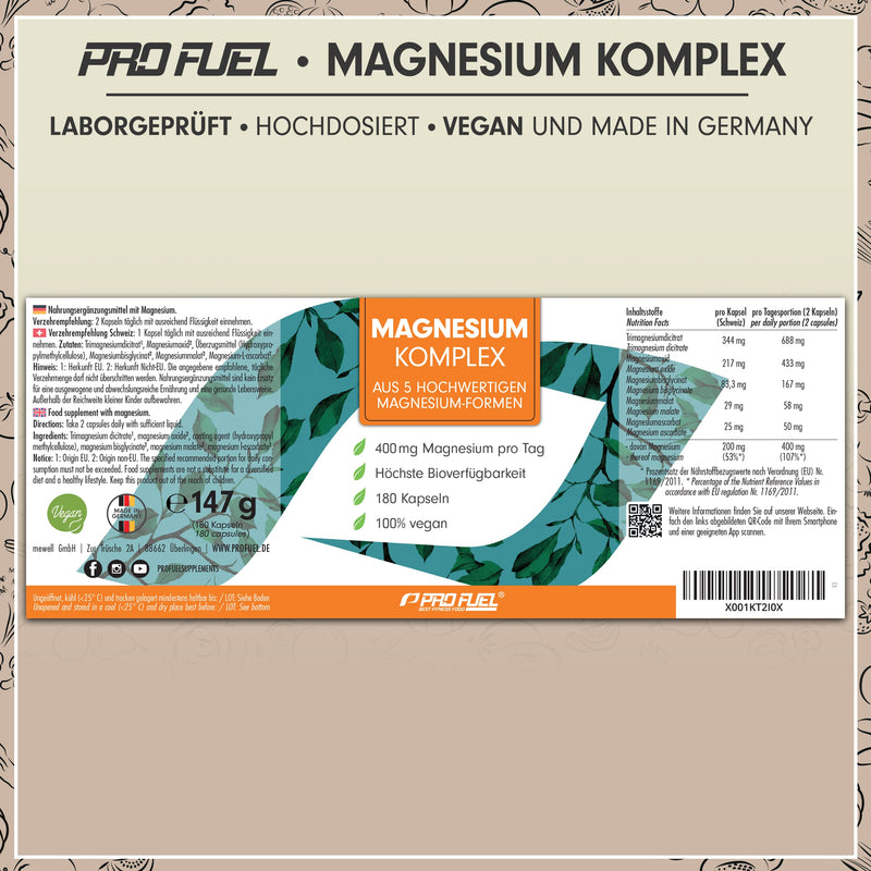 Magnesium complex 180 capsules, 400 mg elementary magnesium per day, 5 high-quality magnesium shapes: Magnesium Oxide, Citrate, Bisglycinate, Malate and Ascorbate, Optimal Bio-availability, 3 Month Supply - NewNest Australia