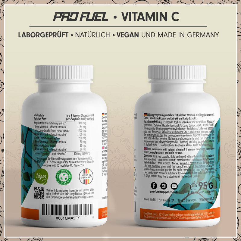 Natural VITAMIN C - 180 capsules - with 400 mg vitamin C from amla, acerola, camu-camu & rose hips per day - vitamin C complex - 100% vegan - without additives - 3 month supply - Made in Germany 1x 180 capsules - NewNest Australia