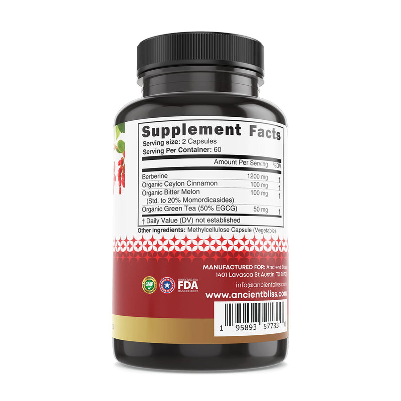 Ancient Bliss Berberine HCL 1200mg with Ceylon Cinnamon, Bitter Melon, and Green Tea Extract - 120 Capsules - Supports Insulin, Glucose Metabolism, Immune System - Blood Sugar Support - NewNest Australia
