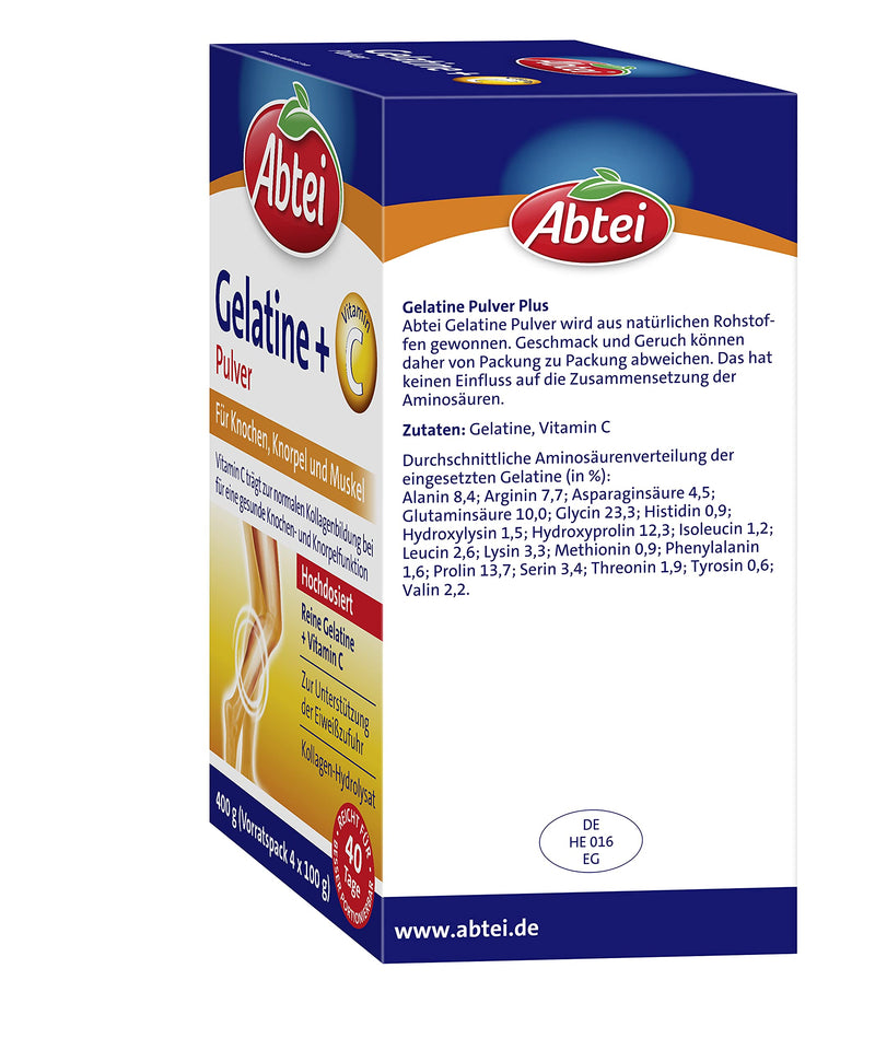 Abtei Gelatine Powder Plus - pure gelatin and vitamin C for bones, cartilage and muscles - laboratory tested and high dosage - 400 g (4 x 100 g) - supply pack for 40 days 40 portions (pack of 1) - NewNest Australia