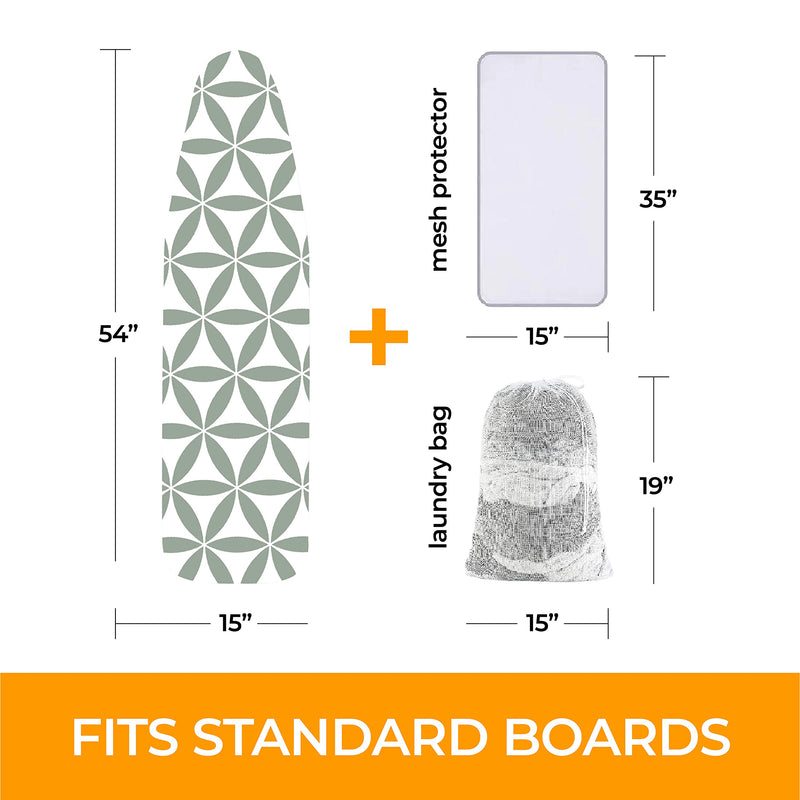 Ironing Board Cover and Pad Extra Thick Heavy Duty Padded 4 Layers Non Stick Scorch and Stain Resistant 15x54 and 3 Fasteners Elastic Edge with 2 Bonus Laundry Bag and Protective Scorch Mesh Cloth Flower of Life: Green/White - NewNest Australia