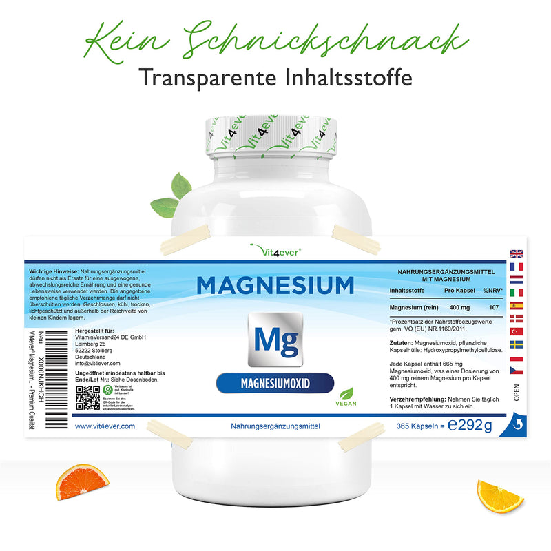 Magnesium - 365 capsules (12 months) - 665 mg per capsule, of which 400 mg is elemental magnesium - Laboratory tested - High dosage - No unwanted additives - Vegan - NewNest Australia