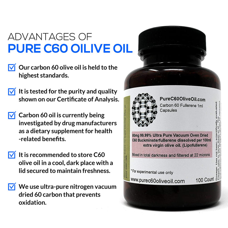 PureC60OliveOil C60 Olive Oil Capsules Pills 100ml / 3.4 Fl Oz - 99.99% Carbon 60 Solvent Free 80mg - Food Grade - Carbon 60 Olive Oil - From The Leading Global Producer - NewNest Australia