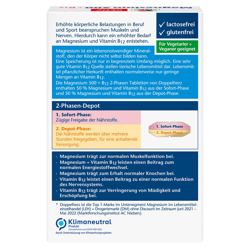 Doppelherz Magnesium 500 + B12 2-Phase - High dosage with 500 mg magnesium per depot tablet - 30 tablets 30 pieces (pack of 1) - NewNest Australia