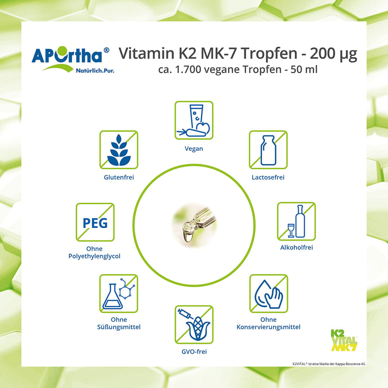 APOrtha® Vitamin K2 MK-7 drops (K2VITAL®) 50 ml, 200 µg per daily dose of 10 drops, approx. 1,700 vegan K2 drops 99+% ALL-Trans, high dosage, allergen-free, alcohol-free, sugar-free, gluten-free - NewNest Australia