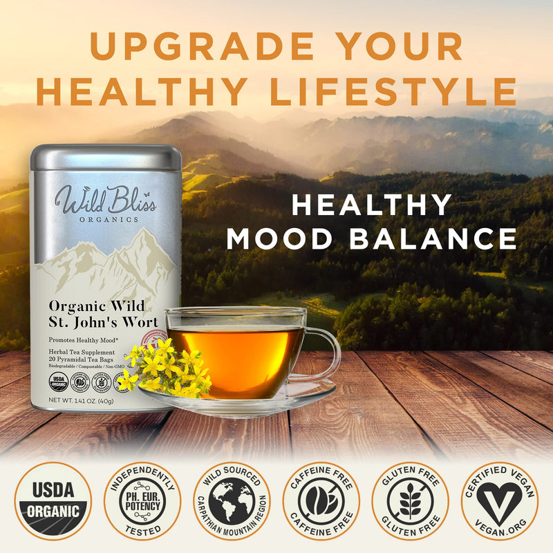 Wild Bliss St Johns Wort Tea - Organic Caffeine Free Herbal Tisane - Pharmacopoeia Potency - 20 Tea Bags Metal Canister - 25 Tea Bags - NewNest Australia