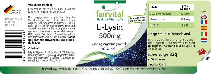 Fairvital | L-Lysine 500mg capsules - HIGH DOSE - Essential amino acid - Lysine HCL - 100 capsules - NewNest Australia