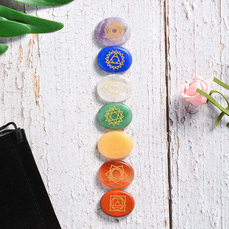 Hivexagon Natural Healing Chakra Stones, Set of 7 Worry Stones with Symbols, Reiki & Energy Healing Crystals for Meditation, Concentration, Spiritual Growth, Stress Relief - NewNest Australia