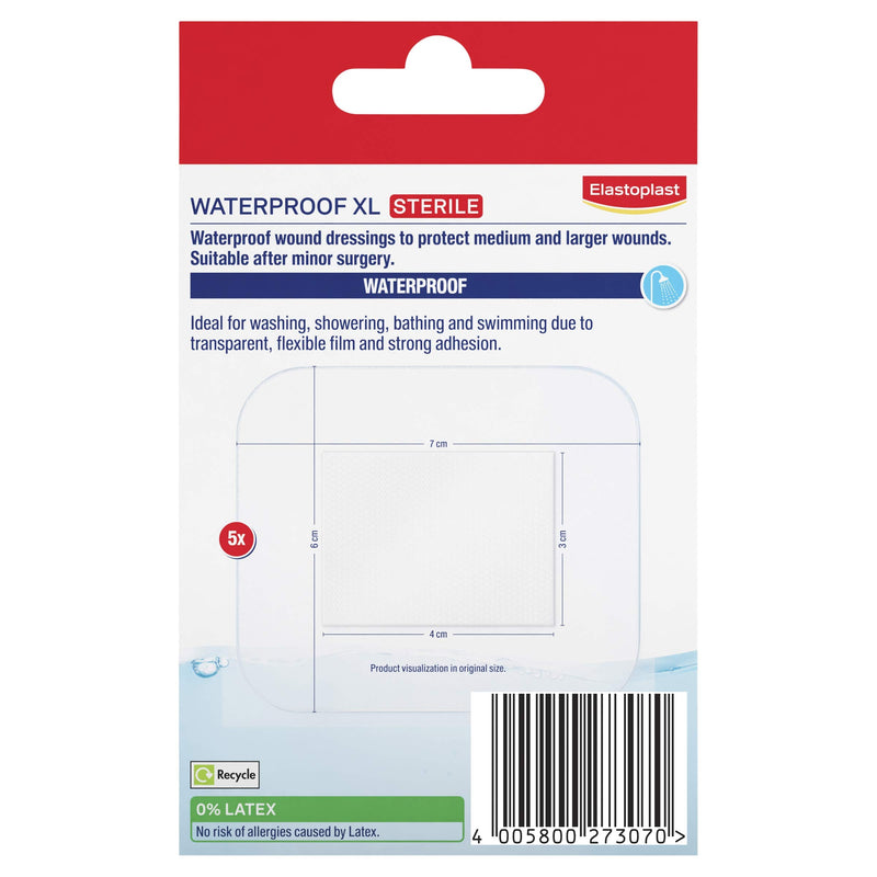 Elastoplast Waterproof XL Med+ Dressings (5 Pieces), Pack of First Aid Plasters, Large Plasters for Post-Operative Wounds, Waterproof Sterile Dressings for Wounds Clear - NewNest Australia
