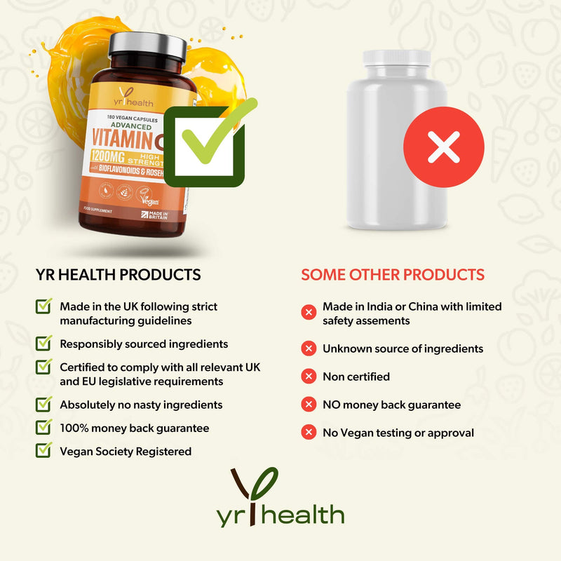 Vitamin C 1200mg Immune Support with Bioflavonoids and Rosehip | 180 Vegan Vitamin C Capsules not Tablets | Slow Release VIT C Ascorbic Acid | Made in The UK by YrHealth - NewNest Australia