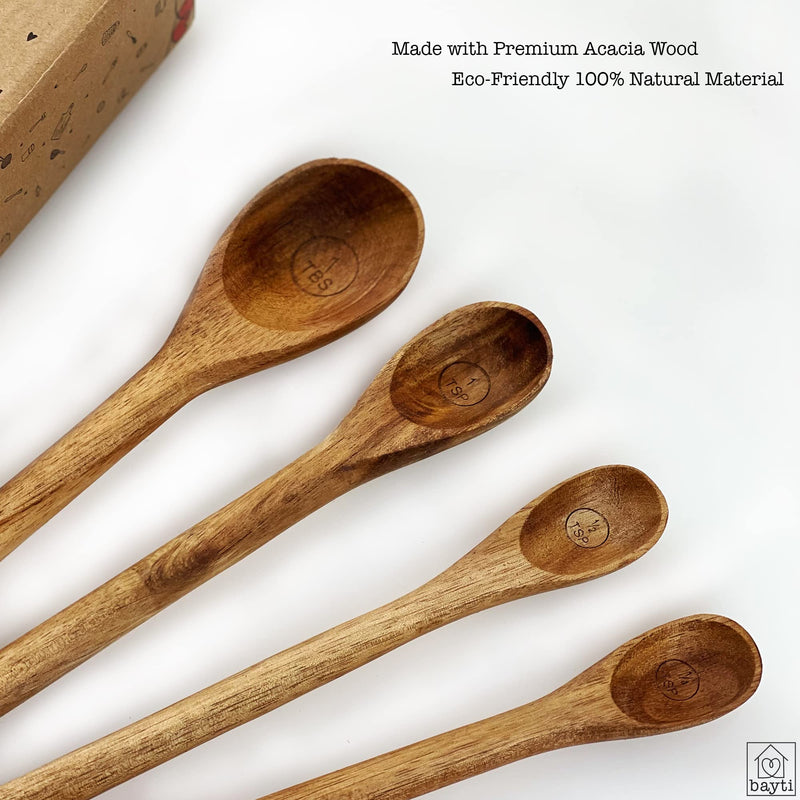 Bayti Long Handle Acacia Wooden Measuring Spoons, 100% Natural Food Grade Acacia Wood set of 4 spoons - NewNest Australia