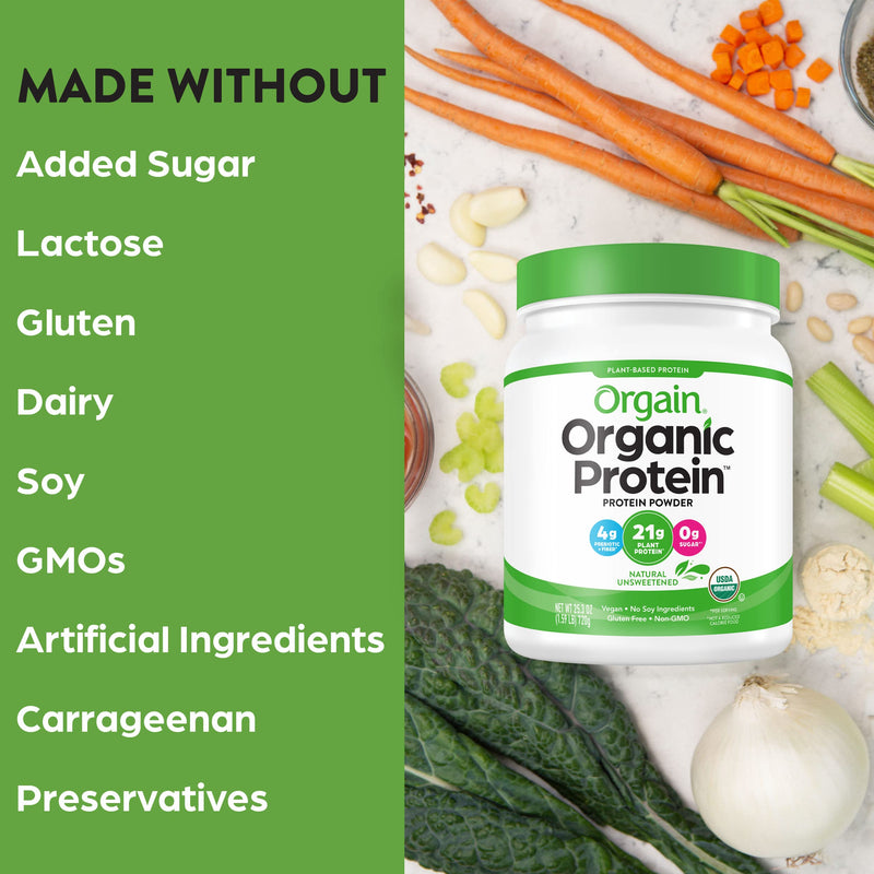 Orgain Organic Unflavored Plant Based Protein Powder, Natural Unsweetened - 21g of Protein, Vegan, Non Dairy, Gluten Free, No Sugar Added, Soy Free, Non-GMO, 1.59 lb (Packaging May Vary) - NewNest Australia