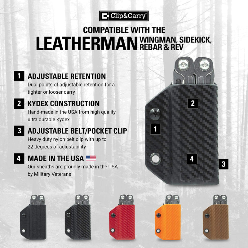 Clip & Carry Kydex Multitool Sheath for Leatherman WINGMAN/SIDEKICK/REBAR/REV - Made in USA (Multitool not included) EDC Multi Tool Holder Holster Cover (Carbon Fiber Black) Carbon Fiber Black - NewNest Australia