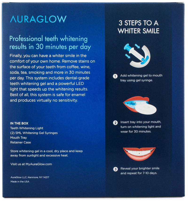AuraGlow Teeth Whitening Kit, LED Light, 35% Carbamide Peroxide, (2) 5ml Gel Syringes, Tray and Case - NewNest Australia