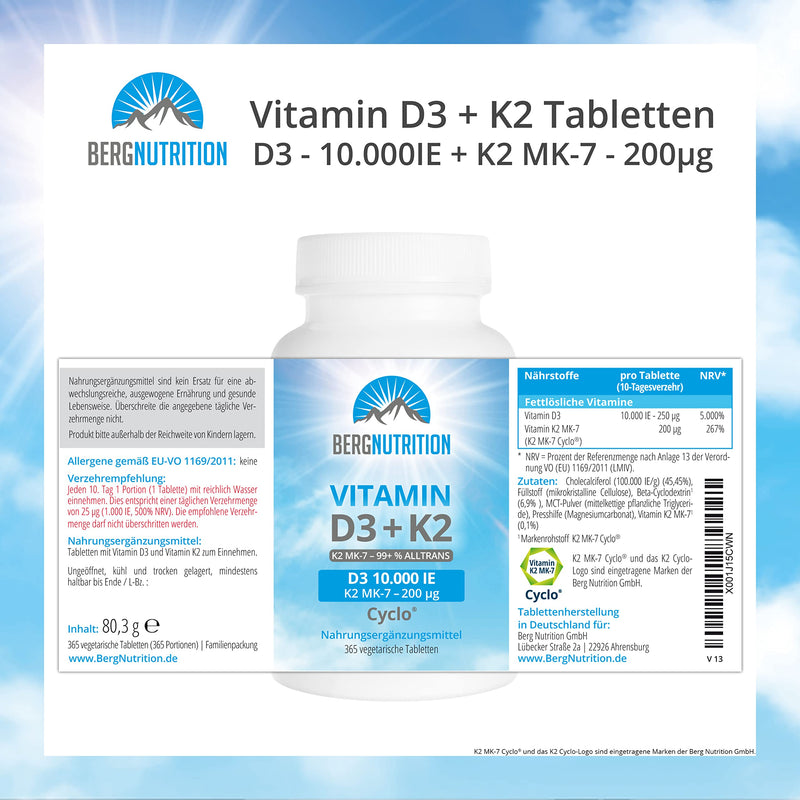 Berg Nutrition Vitamin D3 10,000 IU + 200 µg K2 99+% ALL-Trans, 365 vegetarian tablets, high dosage and divisible, premium vitamin D tablets, vitamin D 3 and vitamin K 2 - NewNest Australia