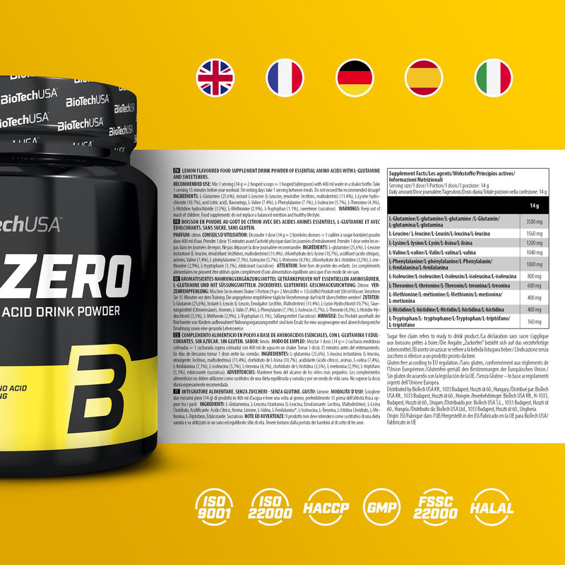 BioTechUSA EAA Zero - Essential Amino Acid Power | 7160mg EAA/serving | WHO recommended ratio | Sugar-free, gluten-free, 350 g, lemon 350 g (pack of 1) - NewNest Australia