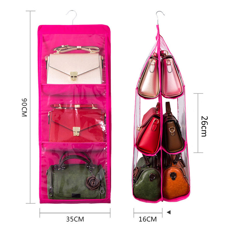 Kare & Kind Hanging Handbag Purse Tote Clutch Organizer Holder (Hot Pink) - Space Saver for Wardrobe, Closet Storage - Dust-Proof with 360° Swivel Hook and 6 Transparent Pockets - Gift, Travel, Home - NewNest Australia