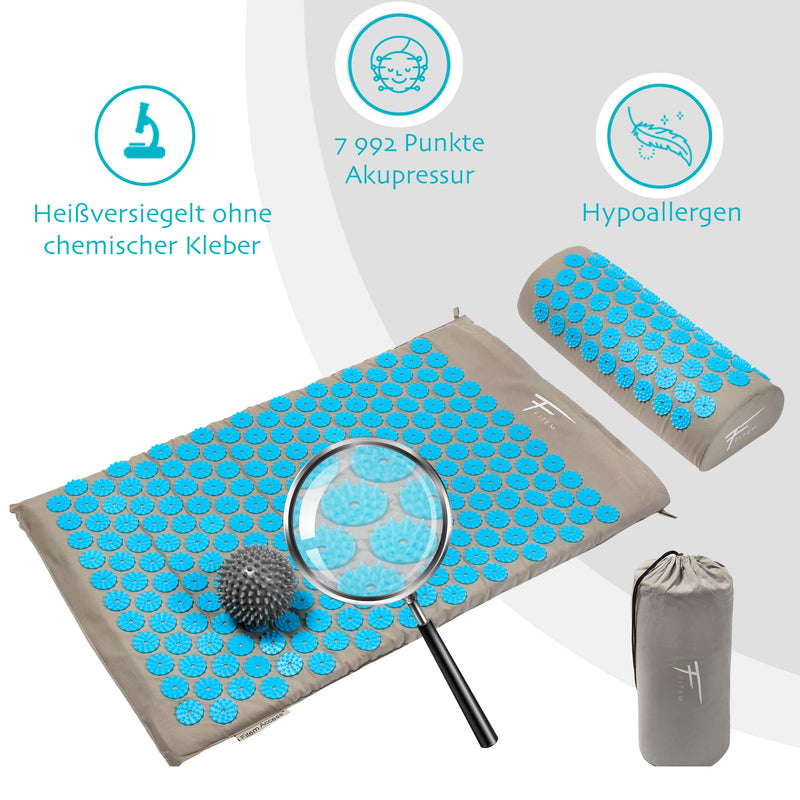 Fitem Acupressure Set ‚ Acupressure Mat, Acupressure Cushion, Bag, Massage Ball For Relieving Of Pain In The Back And Neck ‚ Sciatica ‚ Back Massage, Muscle Relief And Recovery After Exercise Qc-M230Andqc-Pl66-Turquoise Grey-Turquoise - NewNest Australia