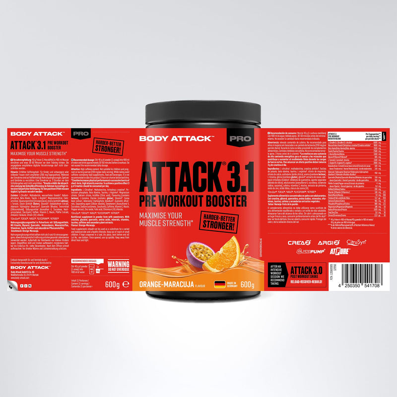 Body Attack Pre Workout Booster Pre Attack 3.0, Muscle Pump Booster, Creaz, Argiz & Citrusyn Fill Muscle Energy Storage, More Power, More Pump, 600 G (Orange Passion Fruit) - NewNest Australia