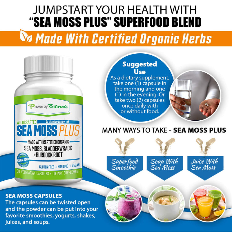 Power By Naturals Certified Organic Sea Moss Plus Supplements with Wildcrafted Irish Sea Moss, Bladderwrack, and Burdock Root, Pure Sea Moss Supplement, Vegan, No Fillers, 60 SeaMoss Powder Capsules - NewNest Australia
