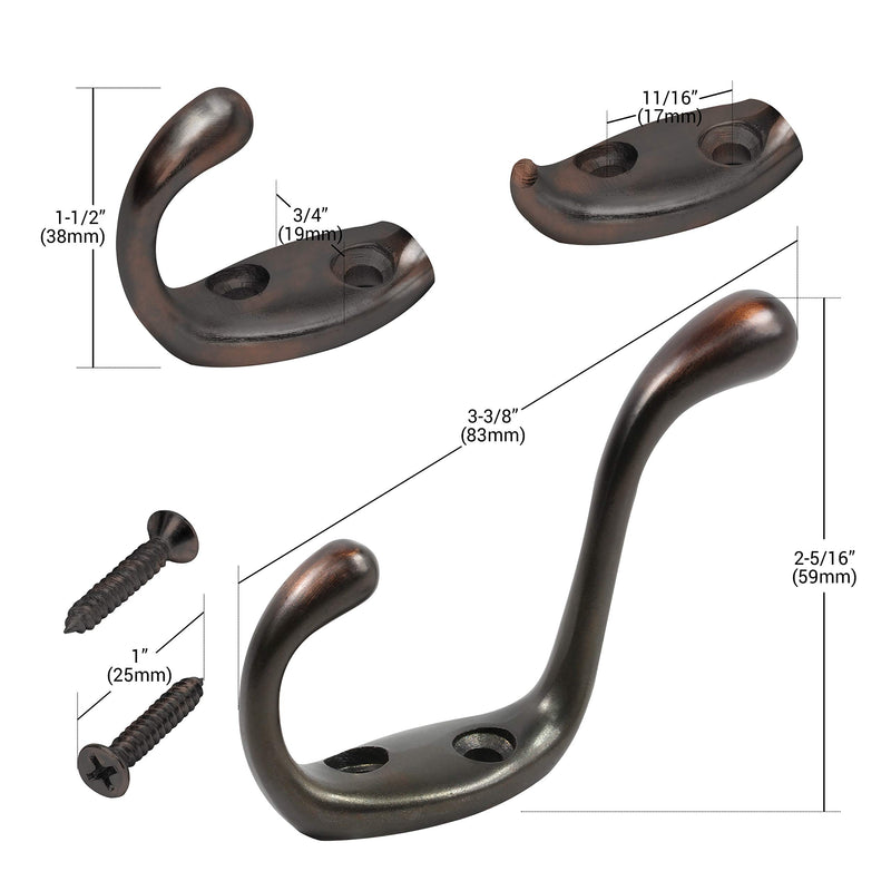 NewNest Australia - Rok Hardware Heavy Duty Dual Coat Hook, 3-1/2", Oil-Rubbed Bronze, 10 Pack ROKCH101ORB 