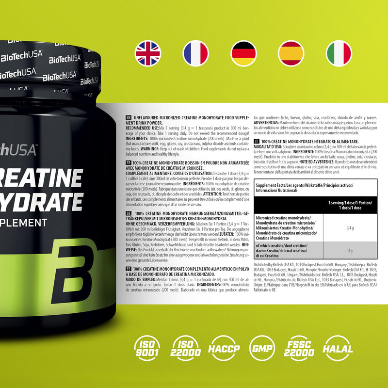 BioTechUSA 100% Creatine Monohydrate | Pharmaceutical Grade Creatine | Micronized | Vegan | Gluten free, 500g can - NewNest Australia