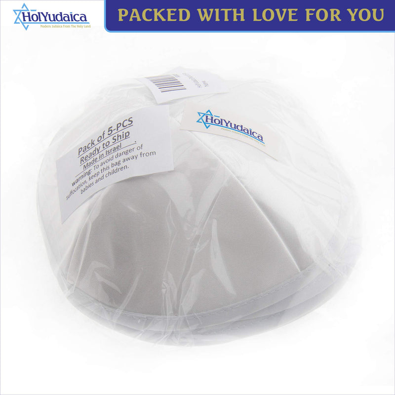 NewNest Australia - HolYudaica Pack of 5-Pcs - Hq Satin Kippah for Men & Boys, Yamaka Hat from Israel - Kippot Bulk (White, 19/20CM) White 