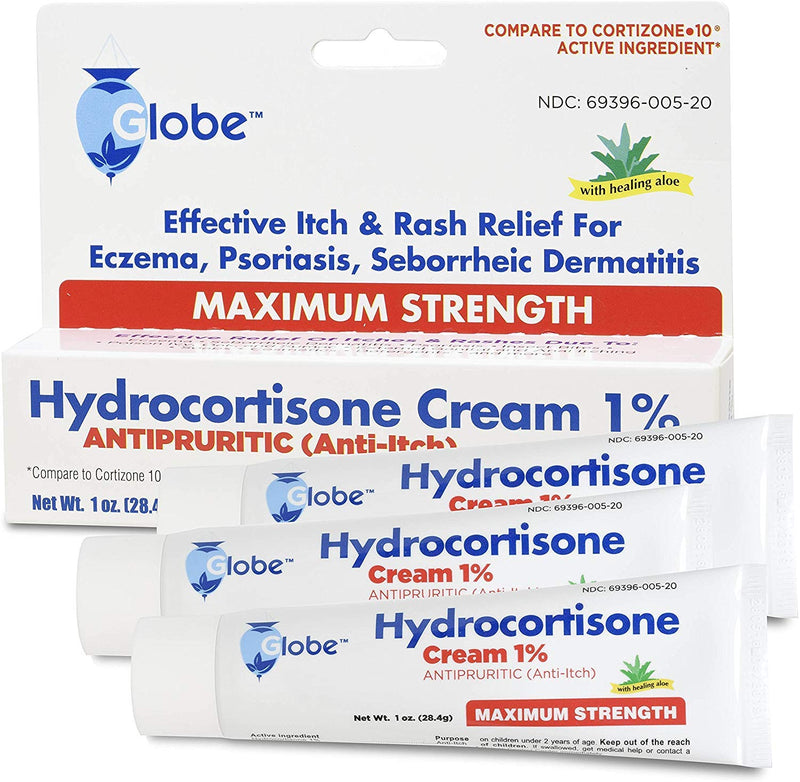Globe Hydrocortisone Maximum Strength Cream 1% w/ Aloe, | Anti-Itch Cream for Redness, Swelling, Itching, Rash & Dermatitis, Bug/Mosquito Bites, Eczema, Hemorrhoids & More | (3-Pack) - NewNest Australia