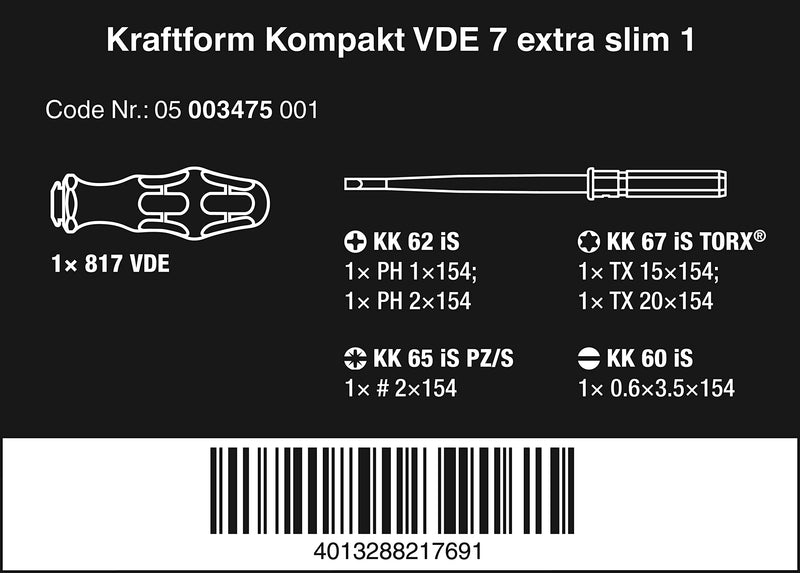 Wera 05003475001 Kraftform Kompakt VDE 7 Extra Slim 1, 7 Pieces - NewNest Australia