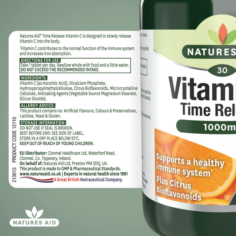 Natures Aid Vitamin C, Time Release 30 Tablets, 1000 mg (with Citrus Bioflavonoids, Slow Release, for the Normal Function of the Immune System, Vegan Society Approved, Made in the UK) - NewNest Australia