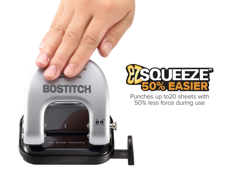Bostitch Office EZ Squeeze Reduced Effort 2-Hole Punch, 20 Sheets, Locking Handle, Silver (2310) - NewNest Australia