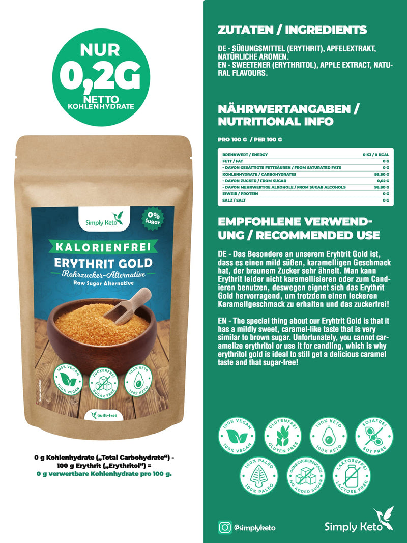 Simply Keto Erythrit Gold 400G - Calorie-Free Brown Sugar Substitute With Caramel Note - Vegan Raw Sugar Alternative Made From Erythritol - 70% Of The Sweetening Power Of Sugar - Lower Carb* & Keto Suitable - NewNest Australia