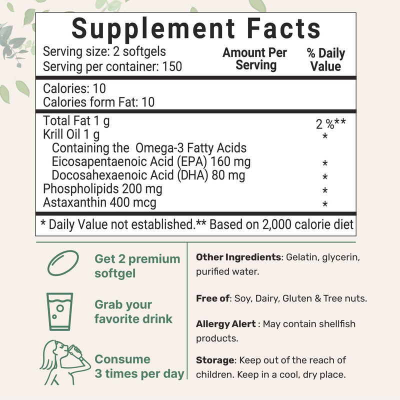Antarctic Krill Oil Supplement, 1000mg Per Serving, 300 Soft-Gels, Rich in Omega-3s EPA, DHA & Natural Astaxanthin, Supports Immune System & Brain Health, Easy to Swallow 300 Count (Pack of 1) - NewNest Australia