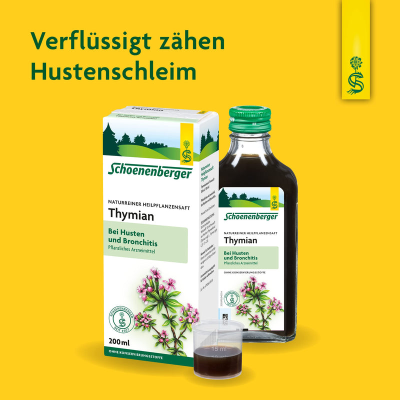 Schoenenberger - Thyme Natural Medicinal Plant Juice - 1 X 200 Ml Glass Bottle - Free-Sale Medicine - For Coughing And Bronchitis - To Improve The Symptoms Of Cold Diseases - NewNest Australia