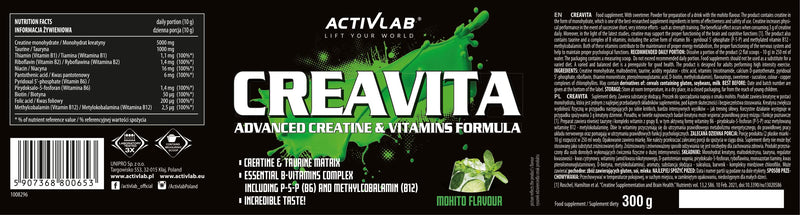 Activlab Creavita 300G | 30 Servings | Mohito Flavor | Creatine, Taurine, B Vitamins | Strength Increase | Powder | 3X Laboratory Tested | Matrix For Bodybuilding | Includes Measuring Cup - NewNest Australia