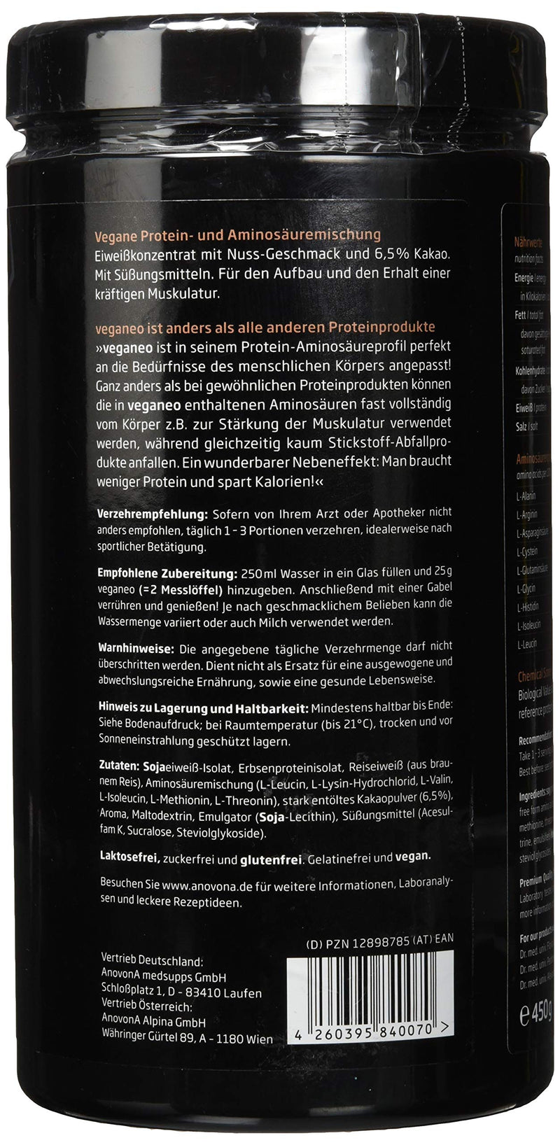 Anovona Veganeo - Chocolate Nut Cream - Chemical Score 198. Pea Protein, 1 Lb 5 Oz (Vegan Protein And Vegan Protein, Essential Amino Acids, Bcaa, Eaas 1-Pack (1 Lb) - NewNest Australia