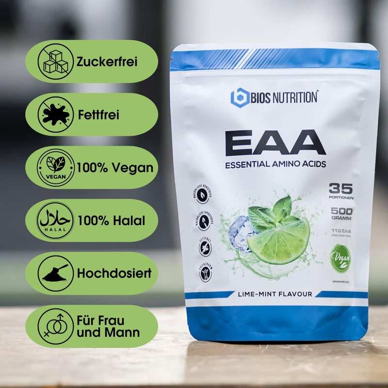 EAA powder LIME MINT 500gr - essential amino acids - 11gr protein per serving - without bad aftertaste - vegan & high dosage - BIOS Nutrition (Made in Germany) 500g (pack of 1) - NewNest Australia