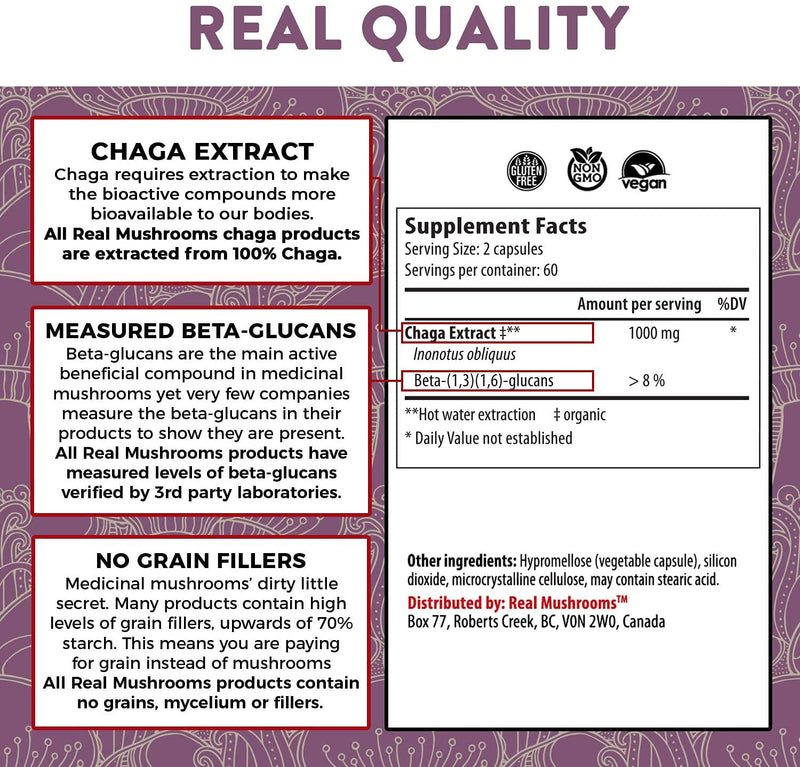 Chaga Extract Immune and Digestive Support Organic Capsules - Non-GMO Supplement with Beta-Glucans 120 Count (Pack of 1) - NewNest Australia
