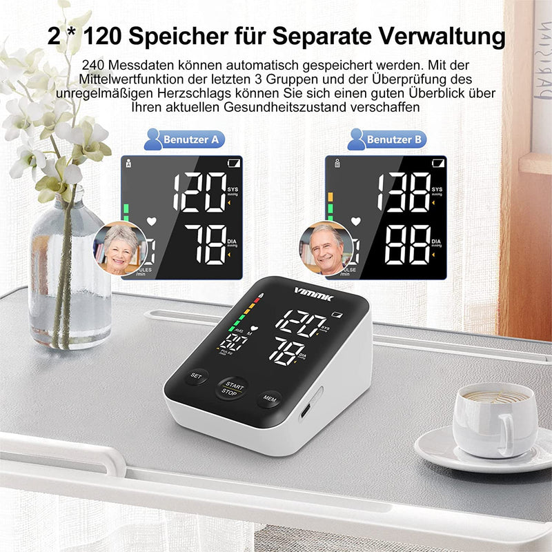 Vimmk blood pressure monitor upper arm digital measuring device high blood pressure LED display, arrhythmia detection & pulse measurement, 2x120 memories, cuff 22-40cm - NewNest Australia