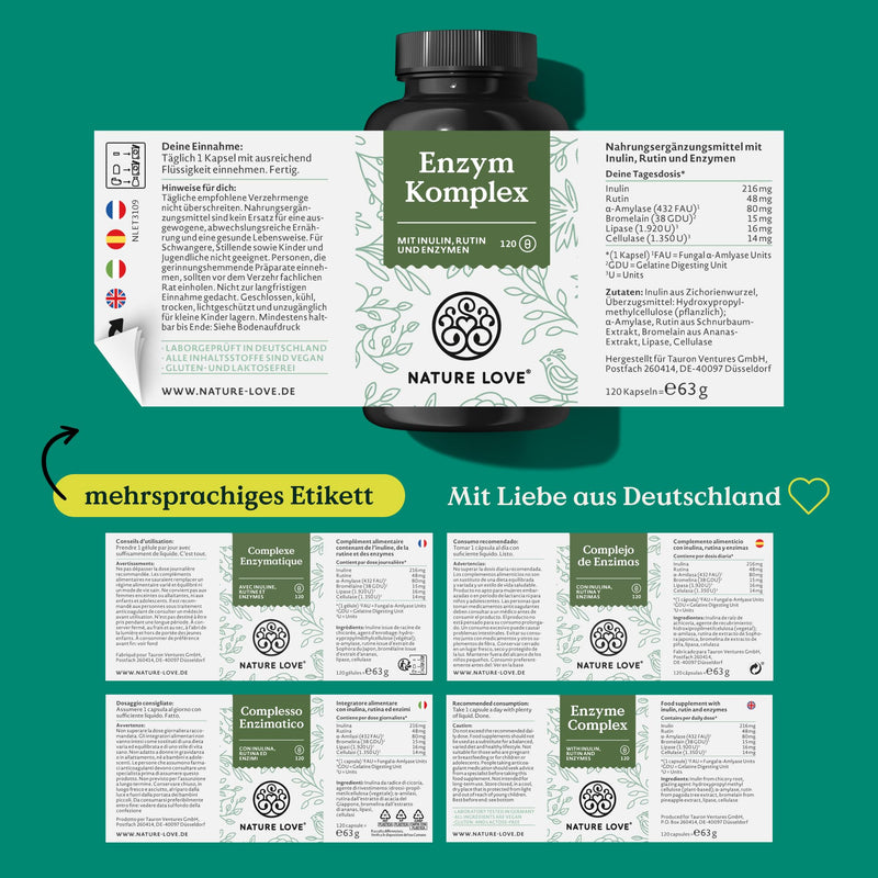 NATURE LOVE® enzyme complex - 120 capsules - including lipase & α-amylase | with bromelain, rutin, cellulase and inulin - digestive enzymes in a 4 month supply - vegan, laboratory tested - NewNest Australia
