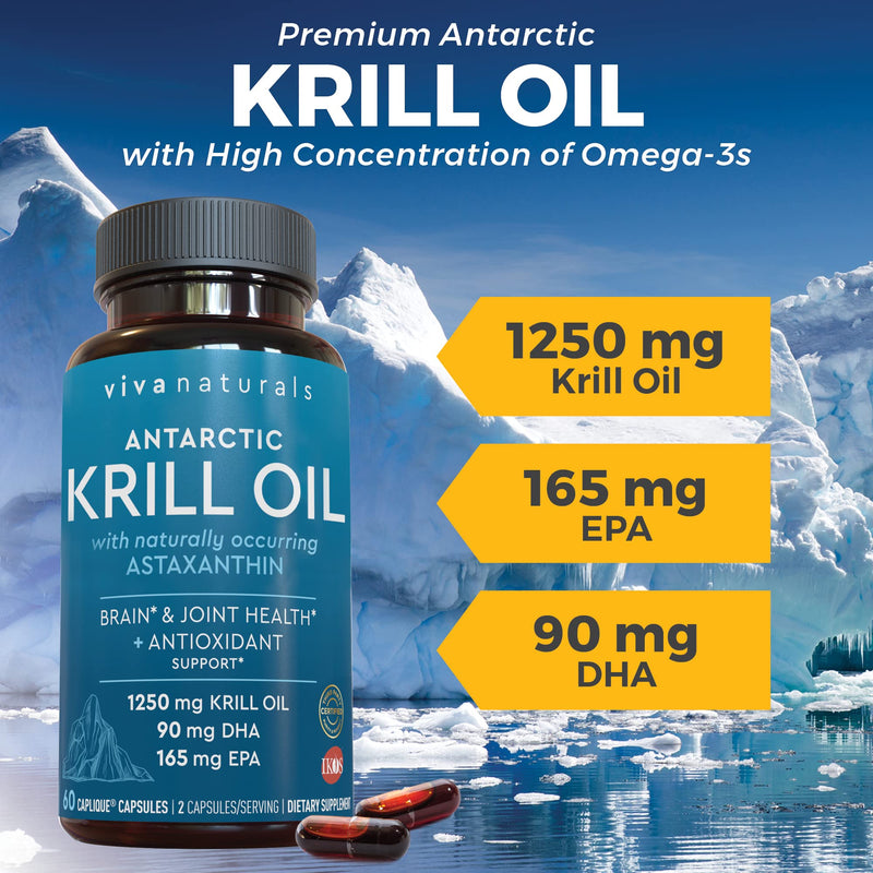 Krill Oil Supplement 1250mg - Antarctic Krill Oil Omega 3 Providing Astaxanthin, DHA and EPA, Joint Support and Brain Supplement with No Fishy Aftertaste (60 Capsules) 60 Count (Pack of 1) - NewNest Australia