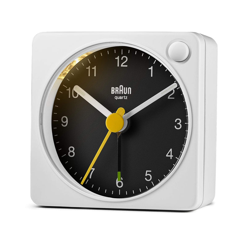 NewNest Australia - Braun Classic Travel Analogue Alarm Clock with Snooze and Light, Compact Size, Quiet Quartz Movement, Crescendo Beep Alarm in White and Black, Model BC02XWB. 