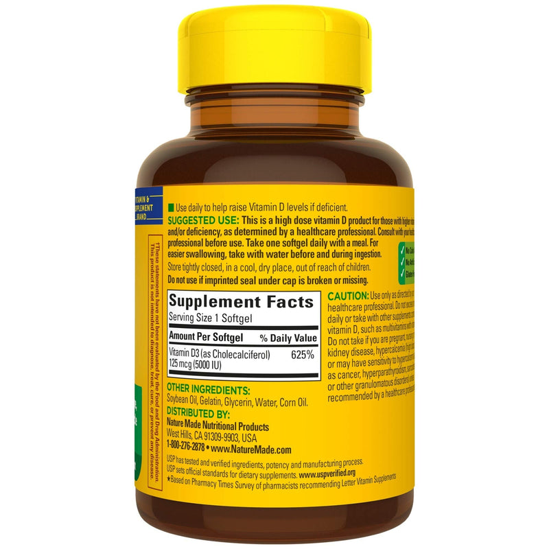 Nature Made Extra Strength Vitamin D3 5000 IU (125 mcg), Dietary Supplement for Immune Support, 360 Softgels, 360 Day Supply - NewNest Australia
