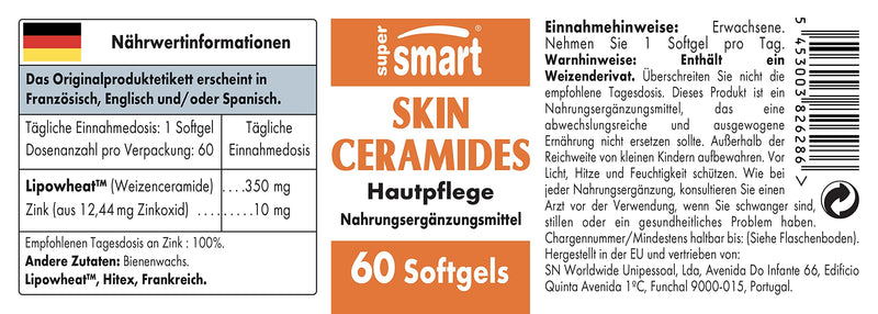 Supersmart - Skin Ceramide - With Zinc - Powerful skin moisture, protection and care additive | Non GMO & Gluten Free - 60 Softgels - NewNest Australia