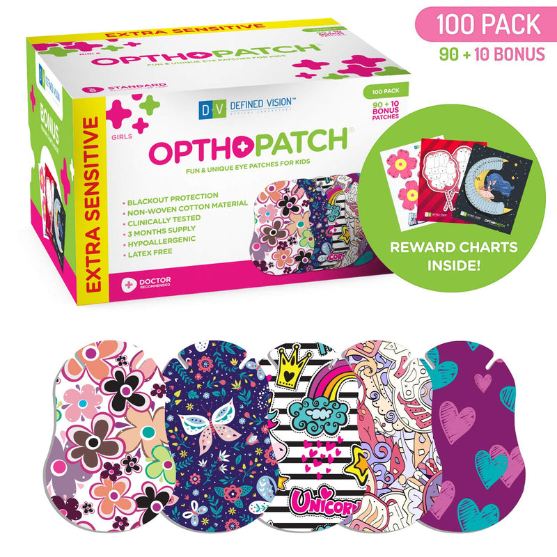 Opthopatch Kids Eye Patches - Fun Girls Design [Series II] - 90 + 10 Bonus Latex Free Hypoallergenic Cotton Adhesive Bandages for Amblyopia and Cross Eye - 3 Reward Chart Posters by Defined Vision - NewNest Australia